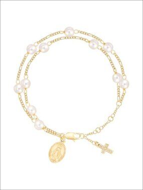 14K Gold Plated Pearl Rosary Bracelet Virgin Mary Cross Adjustable